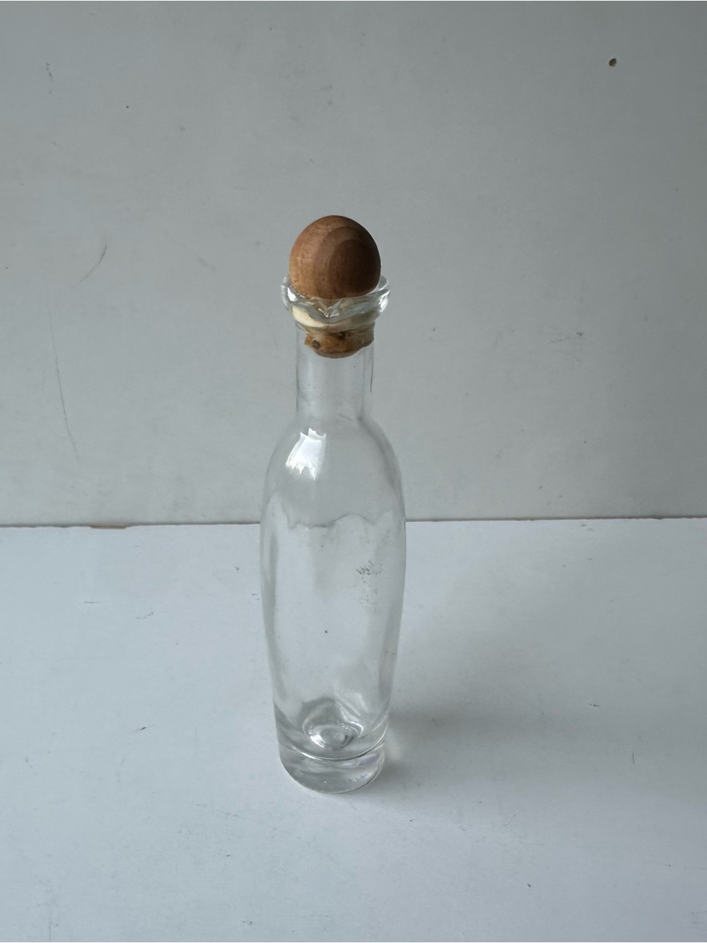 Vintage Clear Glass Bottle w/ Wooden Stopper Cork Decanter Bud Vase Decor